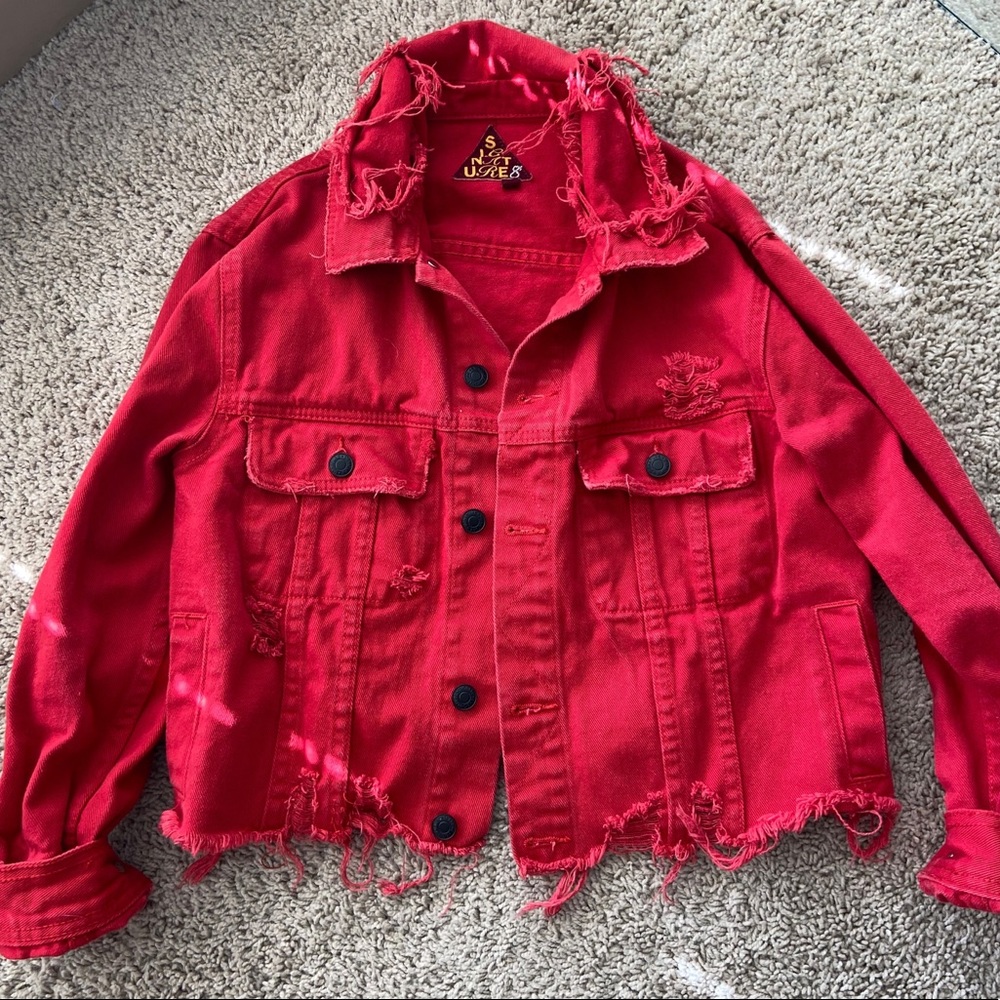 Red Distressed Cropped Jean Jacket